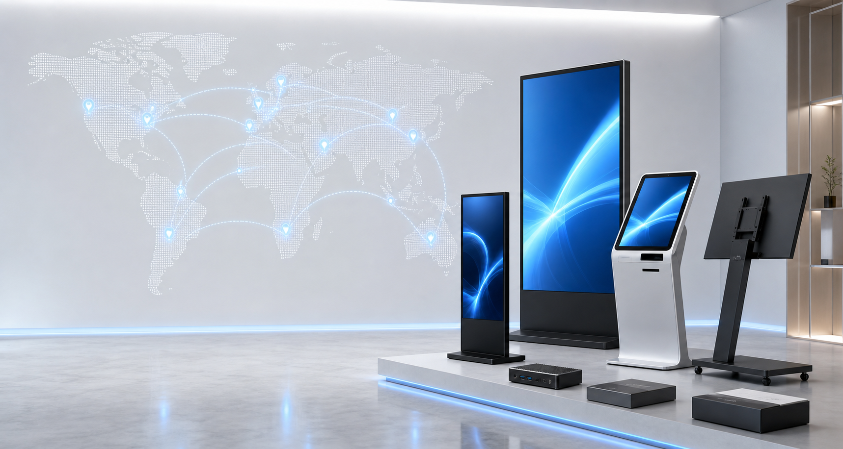 Commercial signage products with global distributor map background