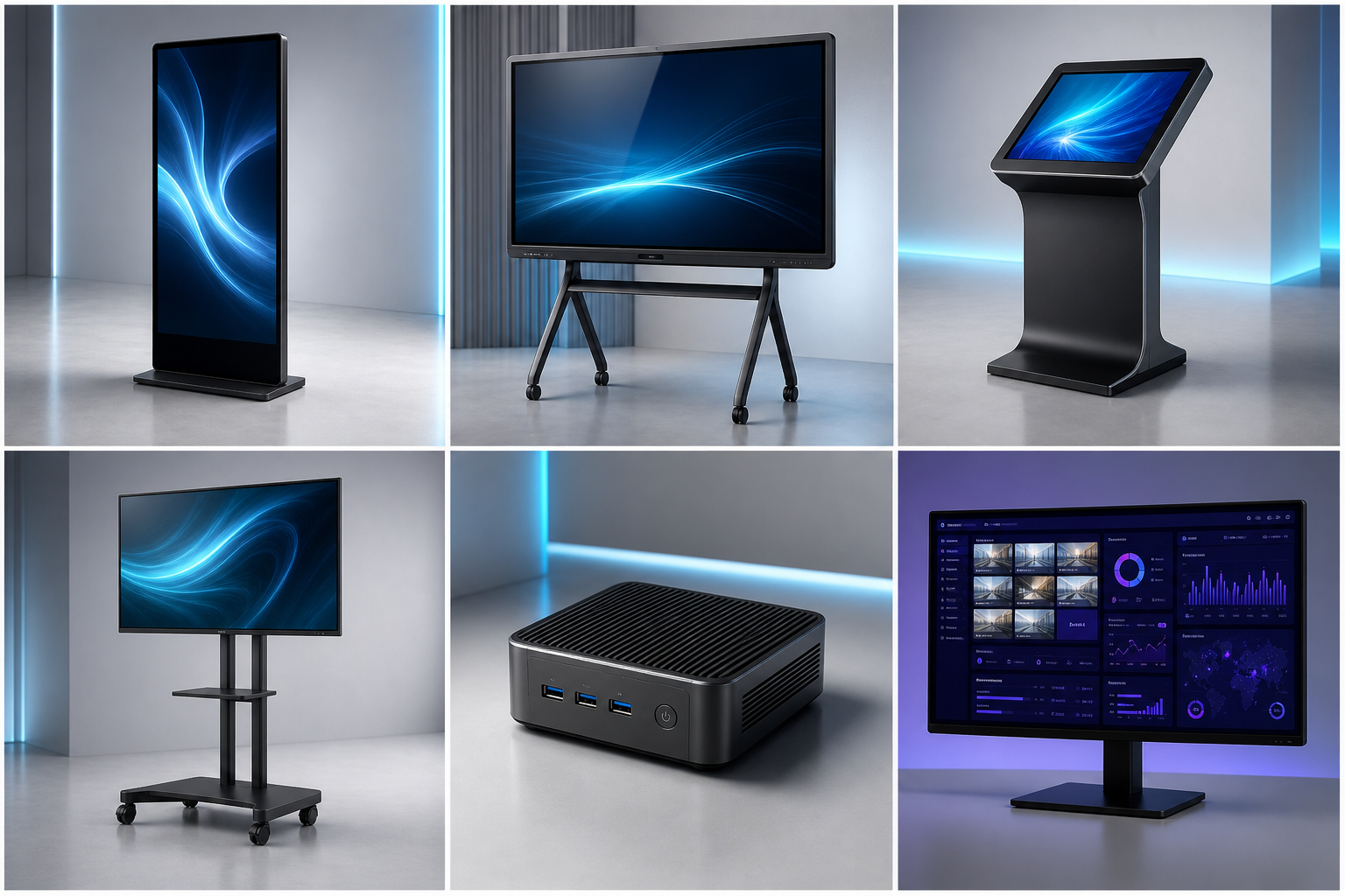 Six commercial signage product families displayed in a clean studio grid