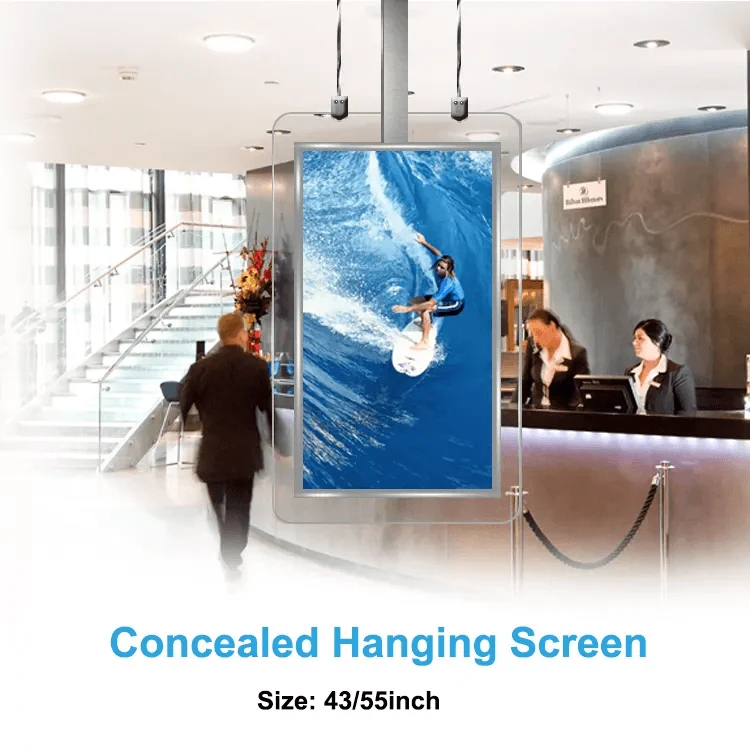 Concealed hanging OLED display installed in a lobby