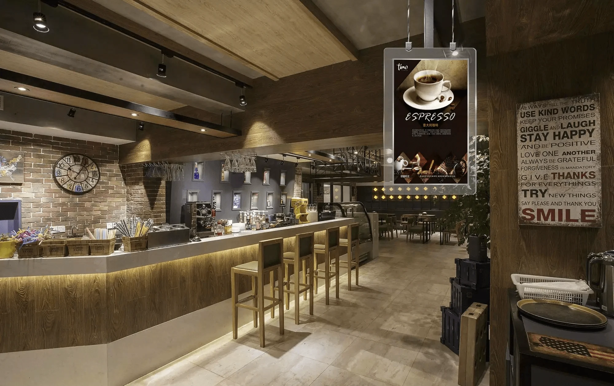 OLED display installed in a coffee shop environment