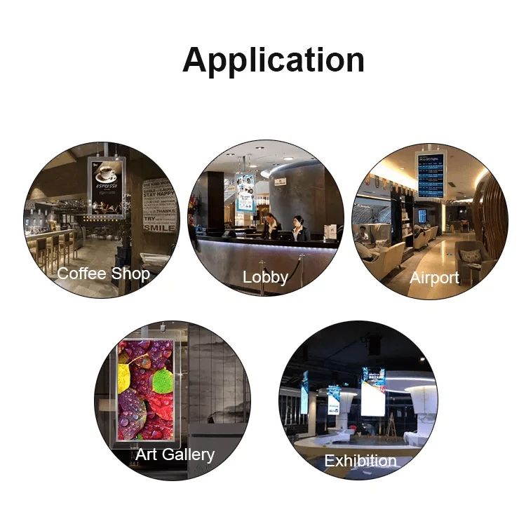OLED display application panel showing coffee shop, lobby, airport, art gallery, and exhibition