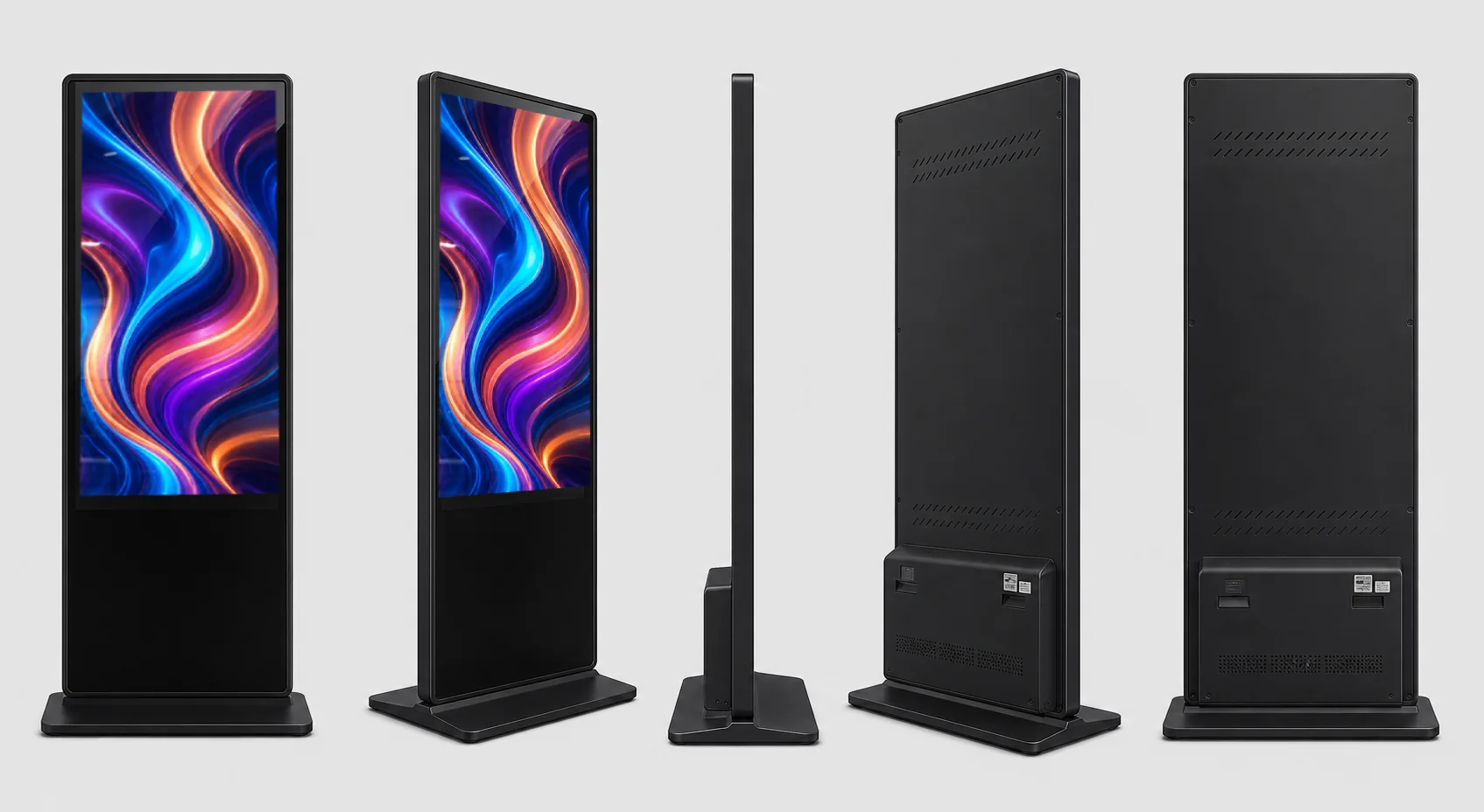 Front, three-quarter, side, and rear views of the nanopower X kiosk