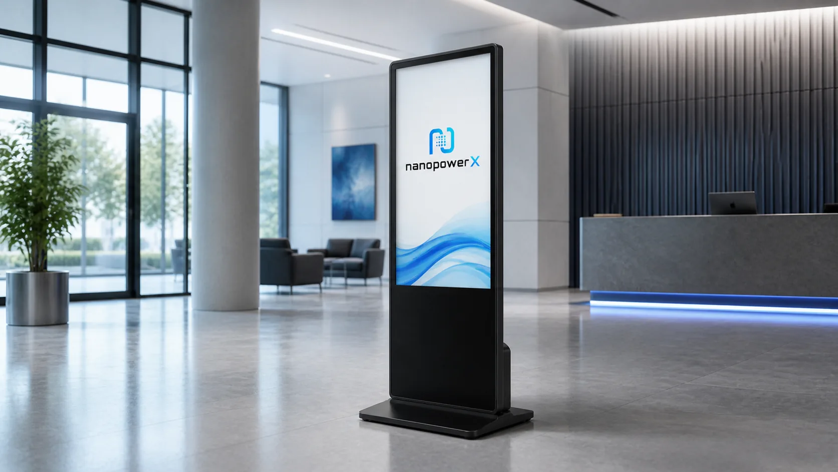 nanopower X interactive kiosk in a modern commercial space