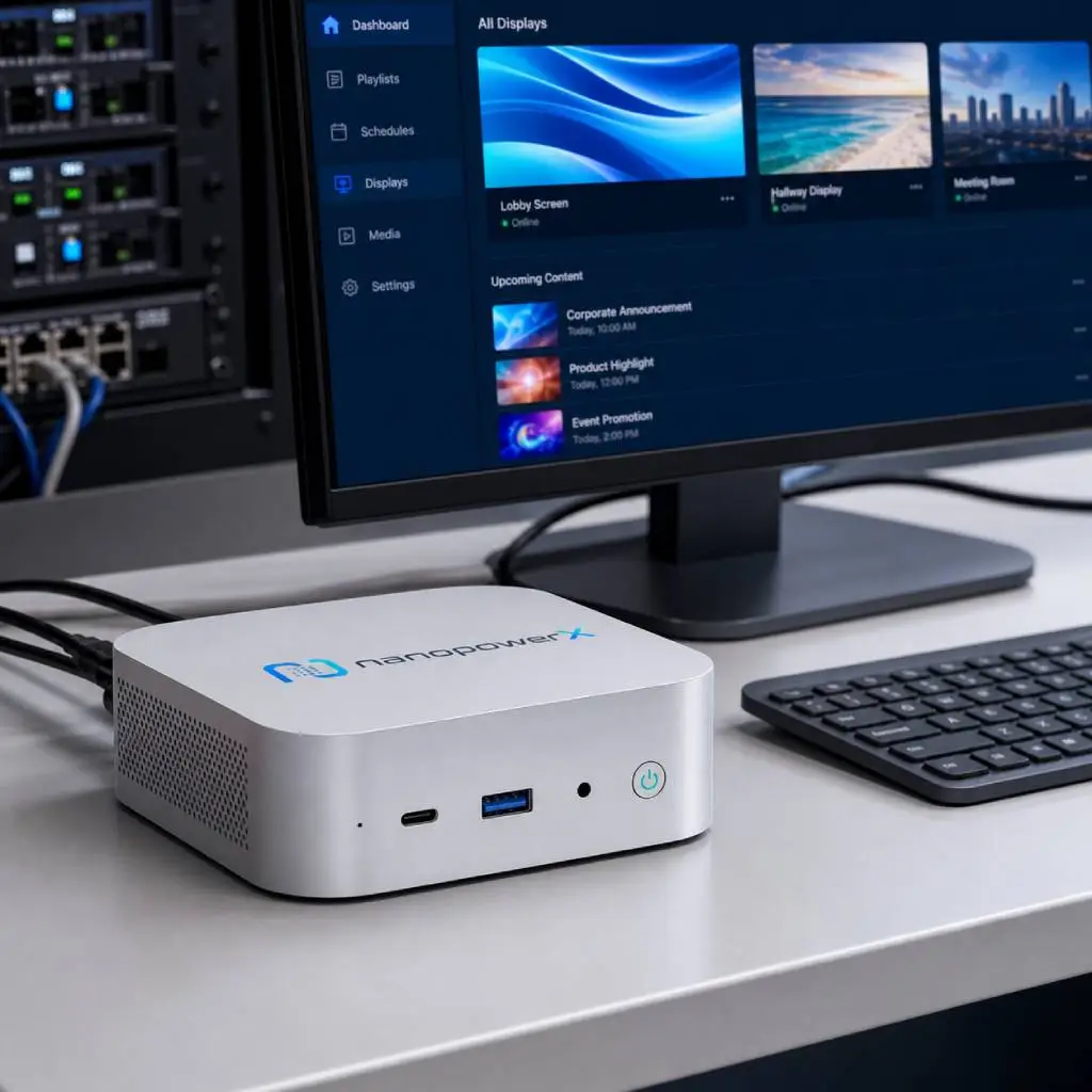 Mini PC used in a signage control desk setup